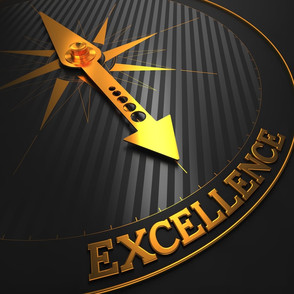 Excellence - Business Background. Golden Compass Needle on a Black Field Pointing to the Word Excellence. 3D Render.